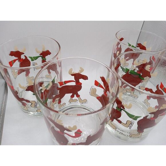 4 Vintage Cera Glasses / Tumblers Ice Skating Moose LowBall Eggnog Drinking Cups - Picture 11 of 13